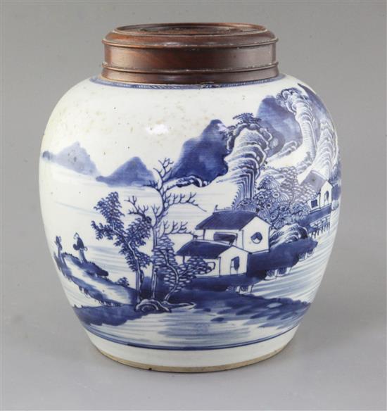 A Chinese blue and white ovoid jar, 18th century, total height 23.5cm including pierced wood cover